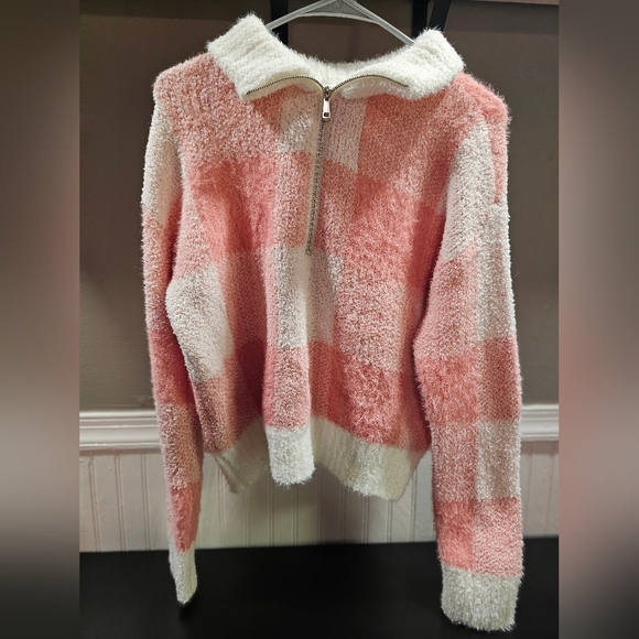 NWT Pink Plaid Quarter Zip Sweater - Picture 1 of 7